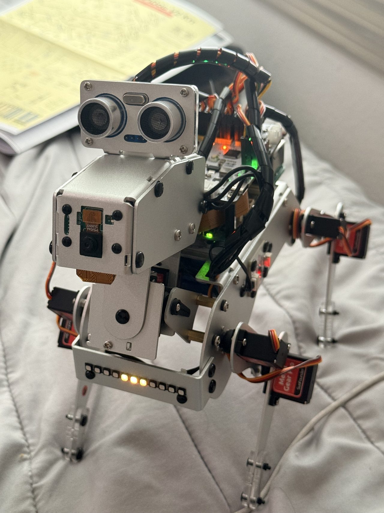 Close view of Chinnu’s head, showing the ultrasonic sensor and the camera module it uses to see and track faces