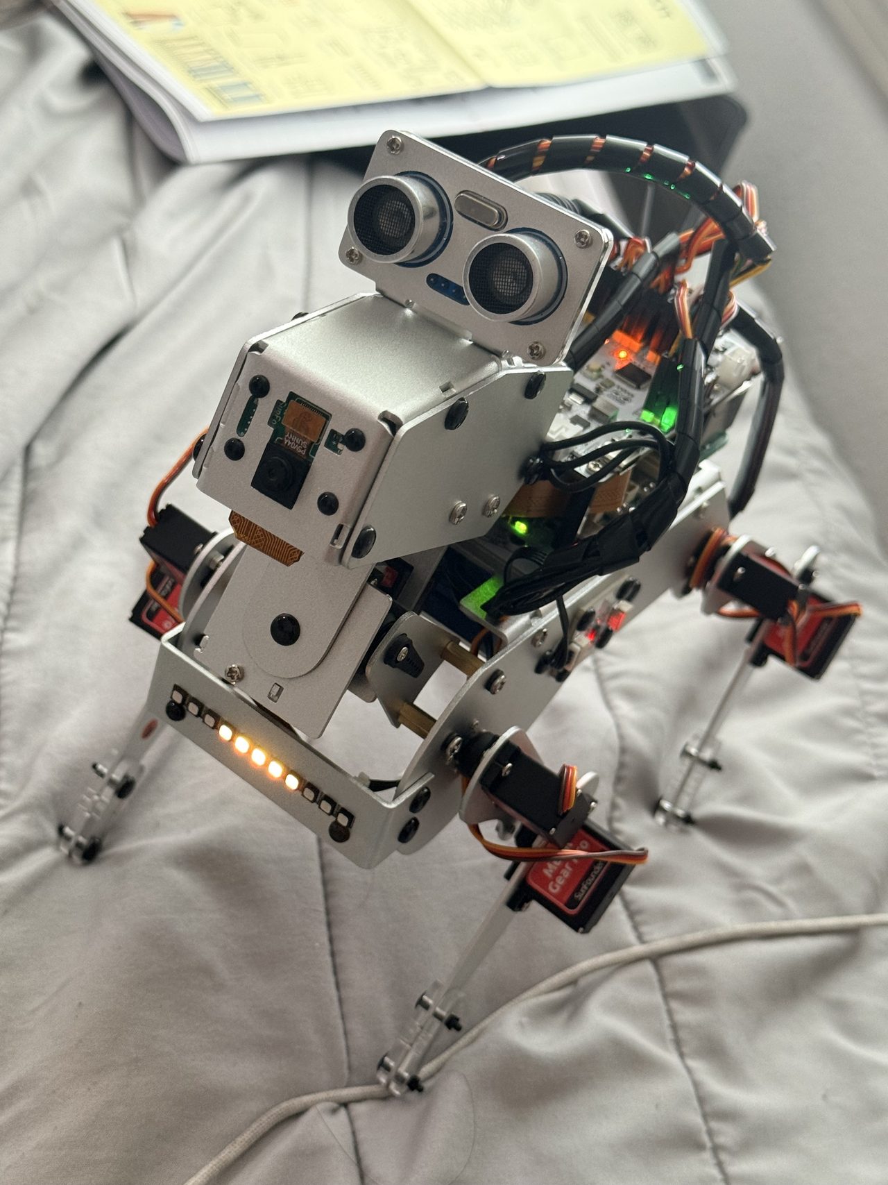Chinnu seen from the other side, showing the Raspberry Pi 5, servo wiring, and the RGB LED strip along its body