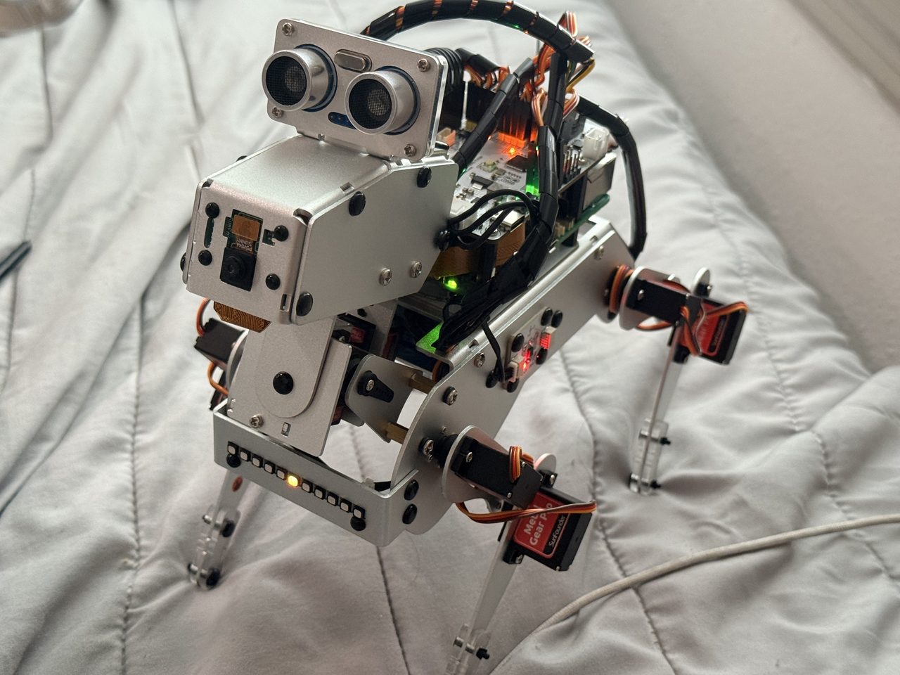 Chinnu, a SunFounder PiDog robot dog built on a Raspberry Pi 5, standing on a bed